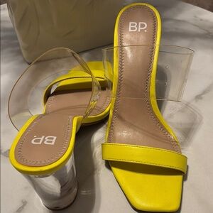 BP Size 6.5 Yellow Heeled Sandals with Clear Strap
